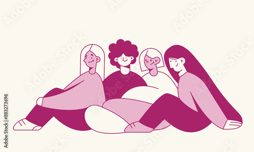 Best friends concept illustration.Group of abstract diverse girls. Teamwork, togetherness, friendship concept. Hand drawn colorful Vector illustration EPS10.