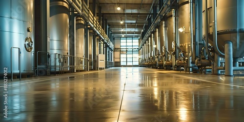 Interior of milk factory equipment at dry plant general view. Concept Milk Factory, Equipment, Dry Plant, Interior, General View