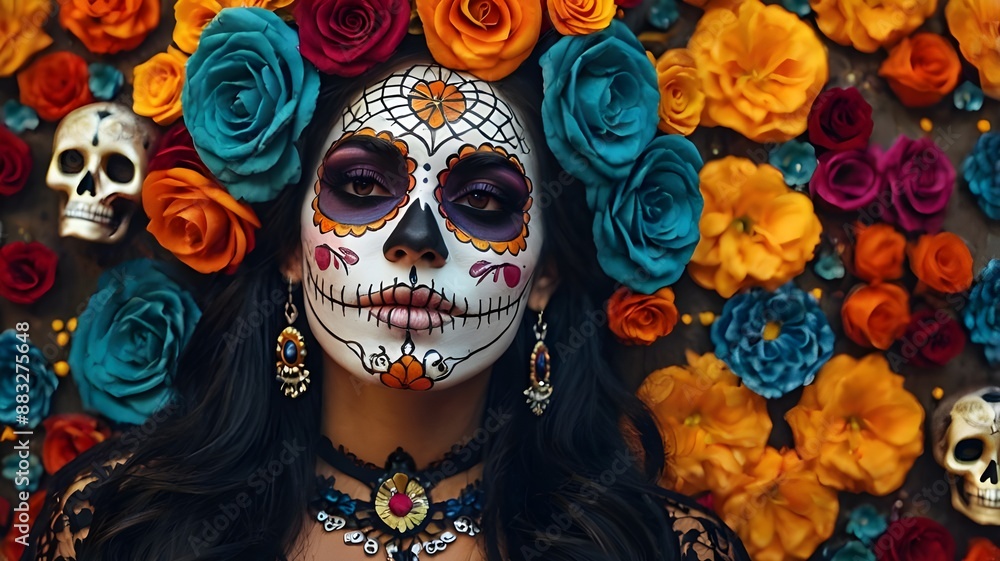 Day of the Dead, Mexican Day of the Dead and Halloween. Woman with sugar skull makeup and flowers. Generative AI. Day of the Dead, Mexican Day of the Dead and Halloween. Woman with sugar skull makeup and flowers. Generative AI.