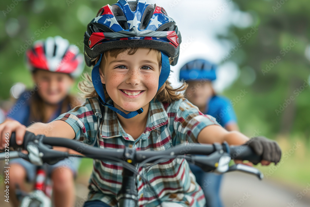 Cheerful Young Boy Leading a Bike Ride with Friends on a Tree-Lined Path Cheerful Young Boy Leading a Bike Ride with Friends on a Tree-Lined Path
