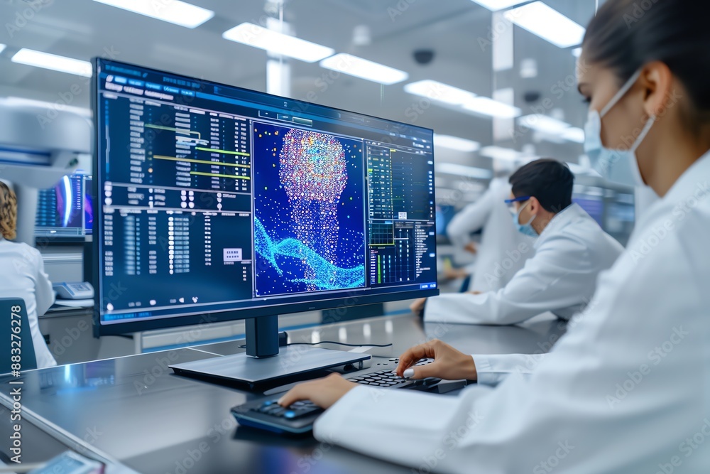 A medical research team using artificial intelligence software on a large interactive display to analyze genetic data