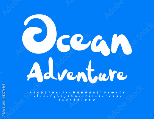 Vector advertising flyer Ocean Adventure. Playful White Font. Artistic Alphabet Letters and Numbers set.