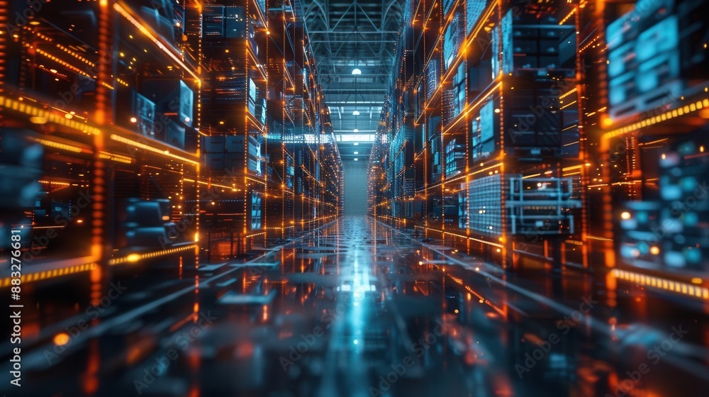 Tech retail warehouse, digital goods analysis, midshot, holographic interfaces, futuristic and bright, Industry 40, AIdriven Tech retail warehouse, digital goods analysis, midshot, holographic interfaces, futuristic and bright, Industry 40, AIdriven