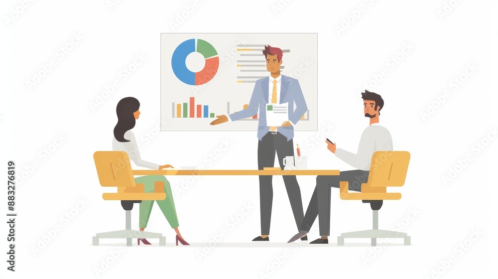 Man Presenting Advertisement Concept to Team, Ideal for Business and Marketing Graphics, Emphasizing Man Presenting Advertisement Concept to Team, Ideal for Business and Marketing Graphics, Emphasizing