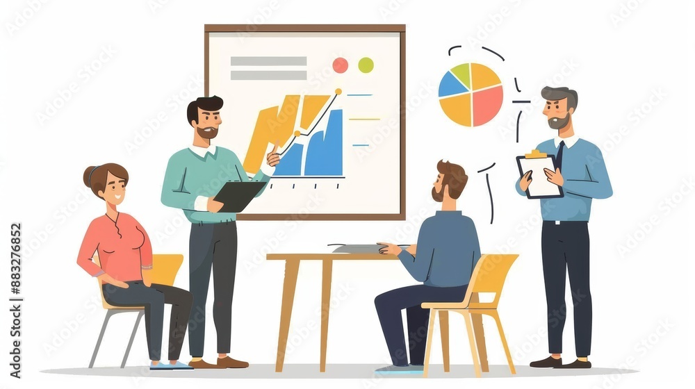 Man Presenting Advertisement Concept to Team, Ideal for Business and Marketing Graphics, Emphasizing Man Presenting Advertisement Concept to Team, Ideal for Business and Marketing Graphics, Emphasizing
