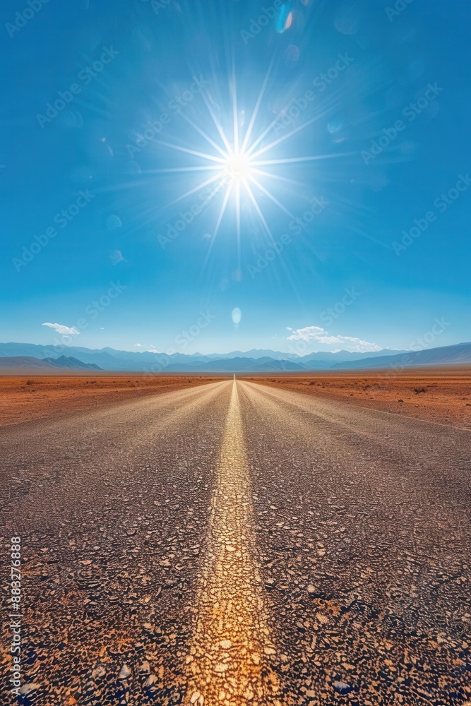 Fototapeta premium Empty road in desert, asphalt path, distant horizon, lowangle shot, warm sunlight, clear blue sky