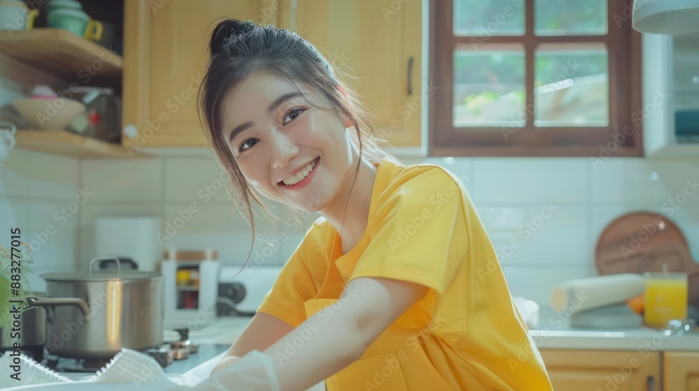 Fototapeta premium Asian young cleaning service woman worker clean kitchen table at home. Beautiful young girl housekeeper cleaner feel happy and wiping messy dirty cooking counter for housekeeping housework or chores.