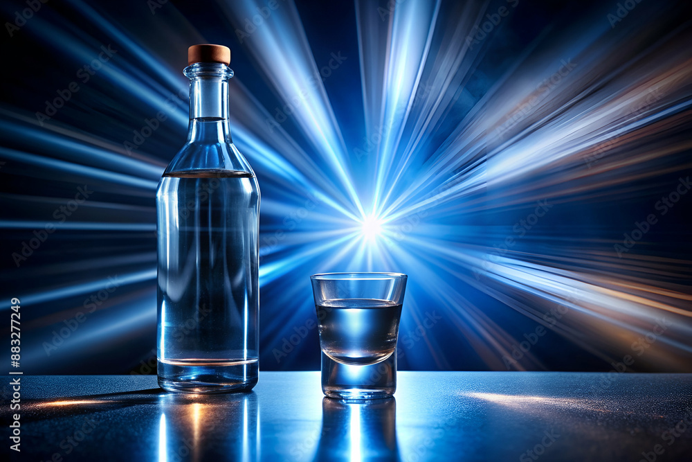 A bottle of water and a glass of water are on a table. The bottle is full and the glass is half full. The image has a bright and lively mood, with the blue light shining on the table and the water A bottle of water and a glass of water are on a table. The bottle is full and the glass is half full. The image has a bright and lively mood, with the blue light shining on the table and the water