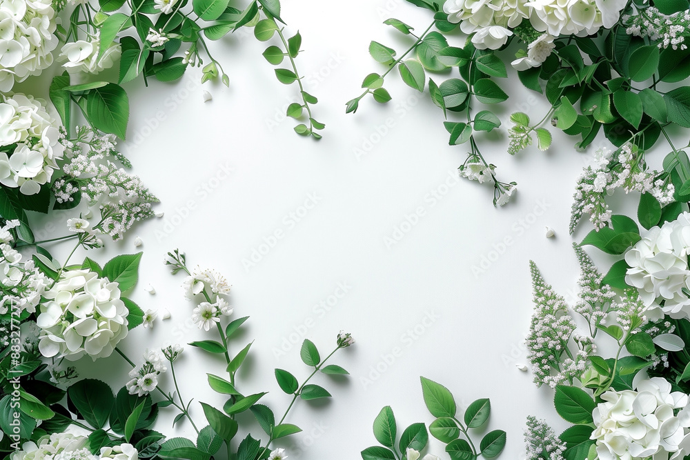 Naklejka premium White flowers with leaves frame and white background