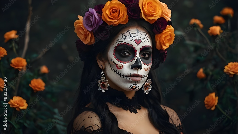 Day of the Dead, Mexican Day of the Dead and Halloween. Woman with sugar skull makeup and flowers. Generative AI. Day of the Dead, Mexican Day of the Dead and Halloween. Woman with sugar skull makeup and flowers. Generative AI.