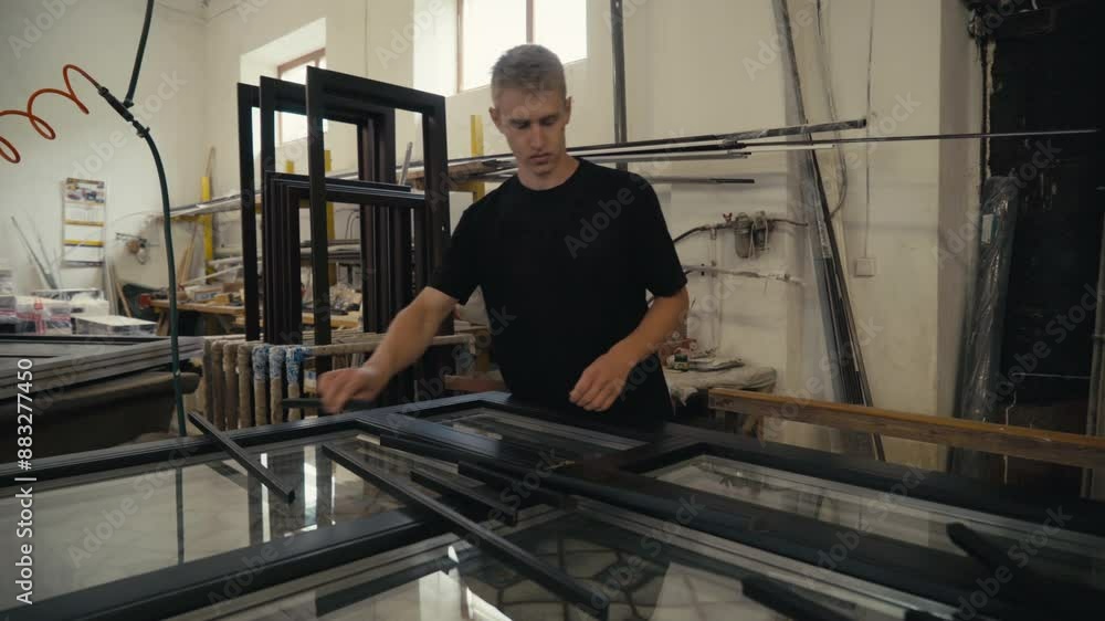 Young Man Attaches Small Black Rails To A Window Frame Glass. Man Carpenter Worker Manually Attaching Parts To A Window Glass. Man Attaching Details To Hold Glass In Wooden Window Frame Young Man Attaches Small Black Rails To A Window Frame Glass. Man Carpenter Worker Manually Attaching Parts To A Window Glass. Man Attaching Details To Hold Glass In Wooden Window Frame