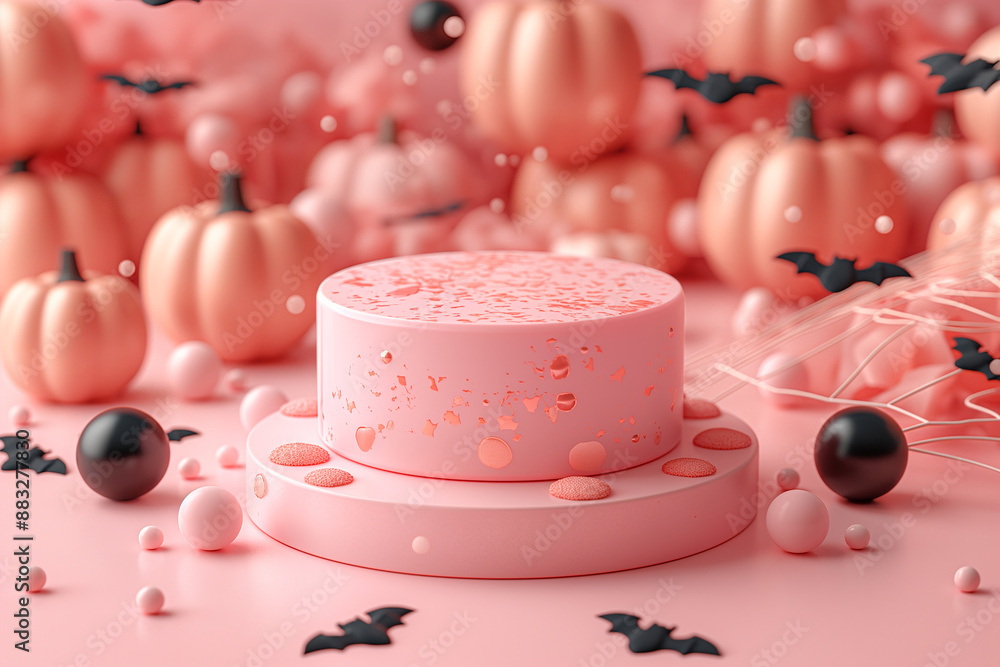 A pink cake with a black candle on top is surrounded by a bunch of Halloween dec A pink cake with a black candle on top is surrounded by a bunch of Halloween dec