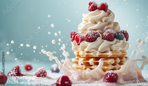 A waffle tower with layers of cream and berries in a light blue background