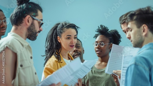 A diverse group of actors in casual clothing rehearse a scene together, their scripts in hand, against a pale blue background, highlighting collaboration.