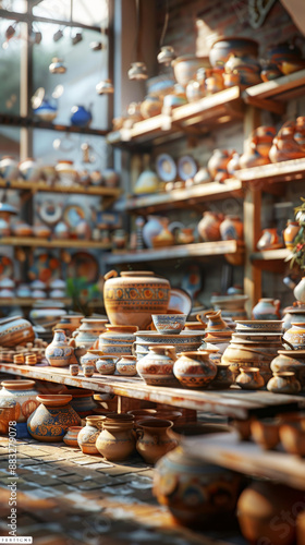 Beautifully Crafted Pottery Display in Sunlit Artisan Workshop with Shelves of Colorful Ceramic Vases and Bowls photo