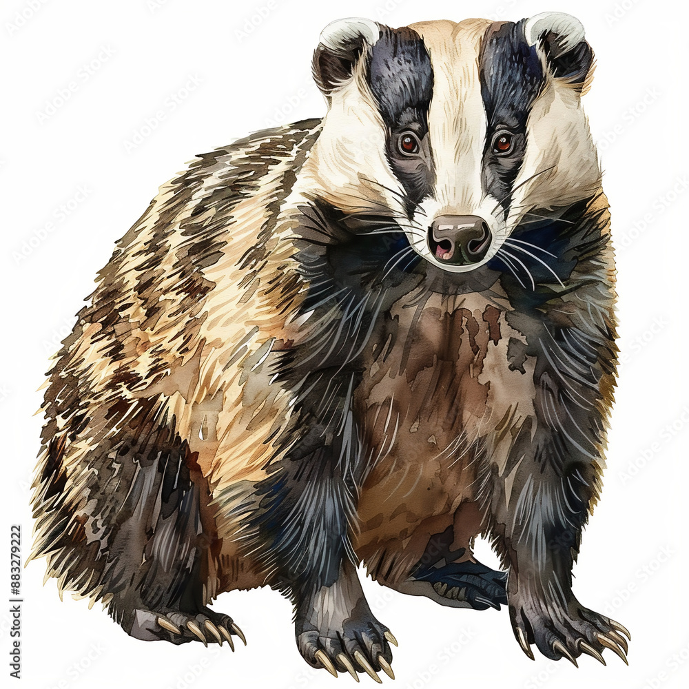 Obraz premium Badger Watercolor Clipart, White Background, Ultra Detailed, Hyper Realistic Full Body With Black And Brown Colours 