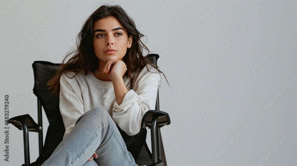 Fototapeta premium Sitting in a director's chair, a focused female actor in everyday clothing reviews her lines, highlighting the dedication required for her craft, against a white background.