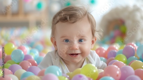 A baby is laying in a ball pit with a big smile on its face