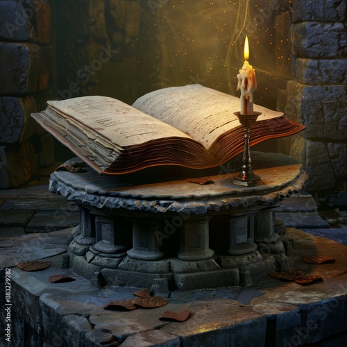 A candle is lit on top of an open book