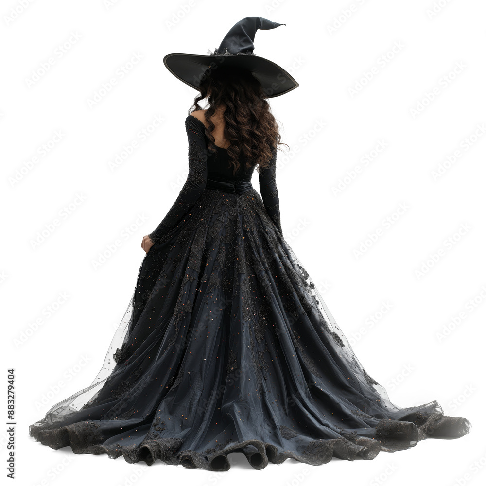 back view portrait of woman wearing gothic black Halloween witch ...