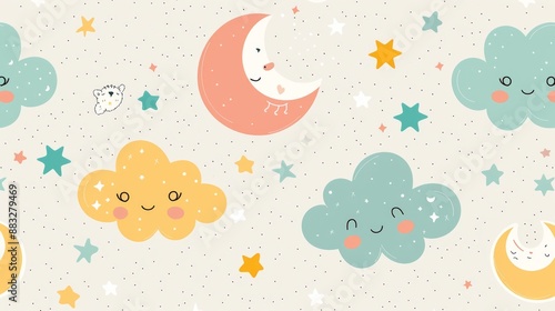 A cute wallpaper with simple cartoon-style clouds, stars, and moons