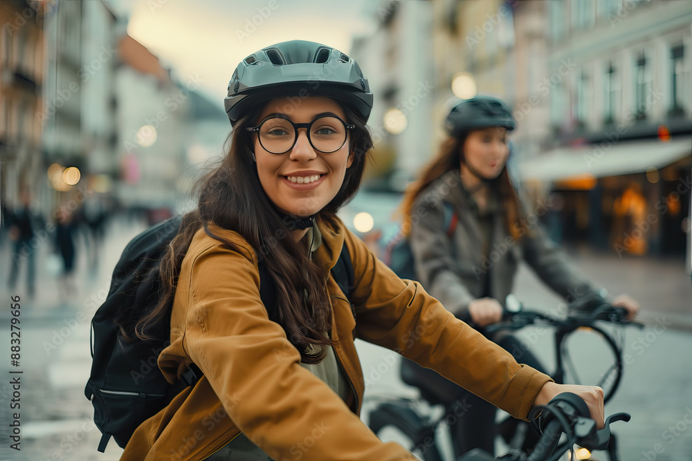 Young women riding bicycles in a city, smiling and wearing helmets and glasses, enjoying an evening urban adventure Young women riding bicycles in a city, smiling and wearing helmets and glasses, enjoying an evening urban adventure