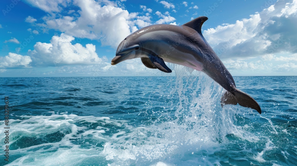 Dolphins jumping out of the water with blue sky. Cute animal. Mammal Dolphins jumping out of the water with blue sky. Cute animal. Mammal