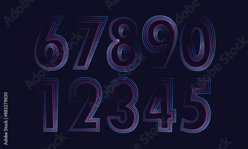 set of neon numbers and signs for writing discounts, dates, prices. Glowing contour vector digits design