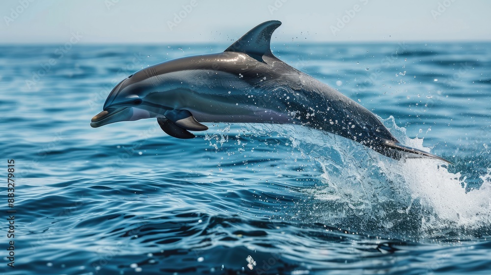 Fototapeta premium Dolphins jumping out of the water with blue sky. Cute animal. Mammal 