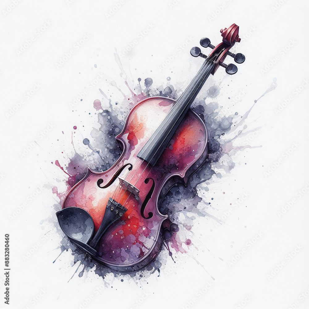 Fototapeta premium 흰 배경, 바이올린, 수채화 (white background, violin, water colour)