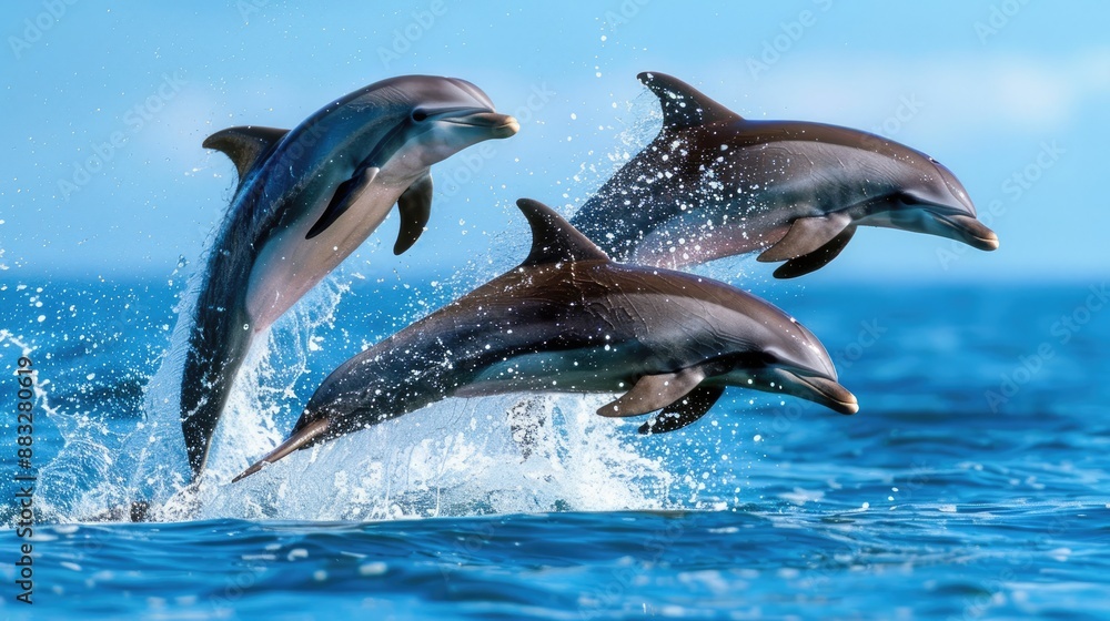 Fototapeta premium Dolphins jumping out of the water with blue sky. Cute animal. Mammal 