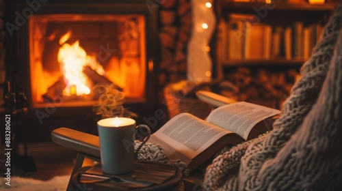 Cozy fireside reading nook with single sofa and a blanket, with copy space, 