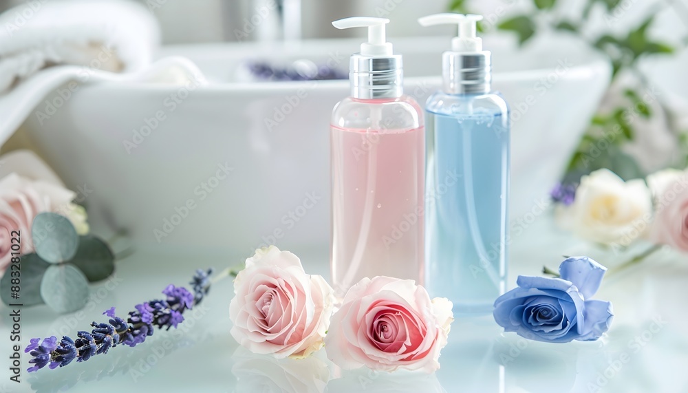 product photograph of liquid soap bottle/shampoo or two shower gel bottles with dispenser. beauty products . product photograph of pink white shampoo bottle in bath tub ,no label. copy space for text. product photograph of liquid soap bottle/shampoo or two shower gel bottles with dispenser. beauty products . product photograph of pink white shampoo bottle in bath tub ,no label. copy space for text.
