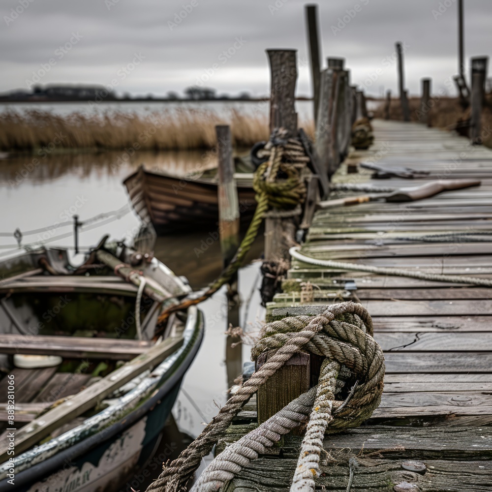 Obraz premium A boat is tied to a dock with a rope