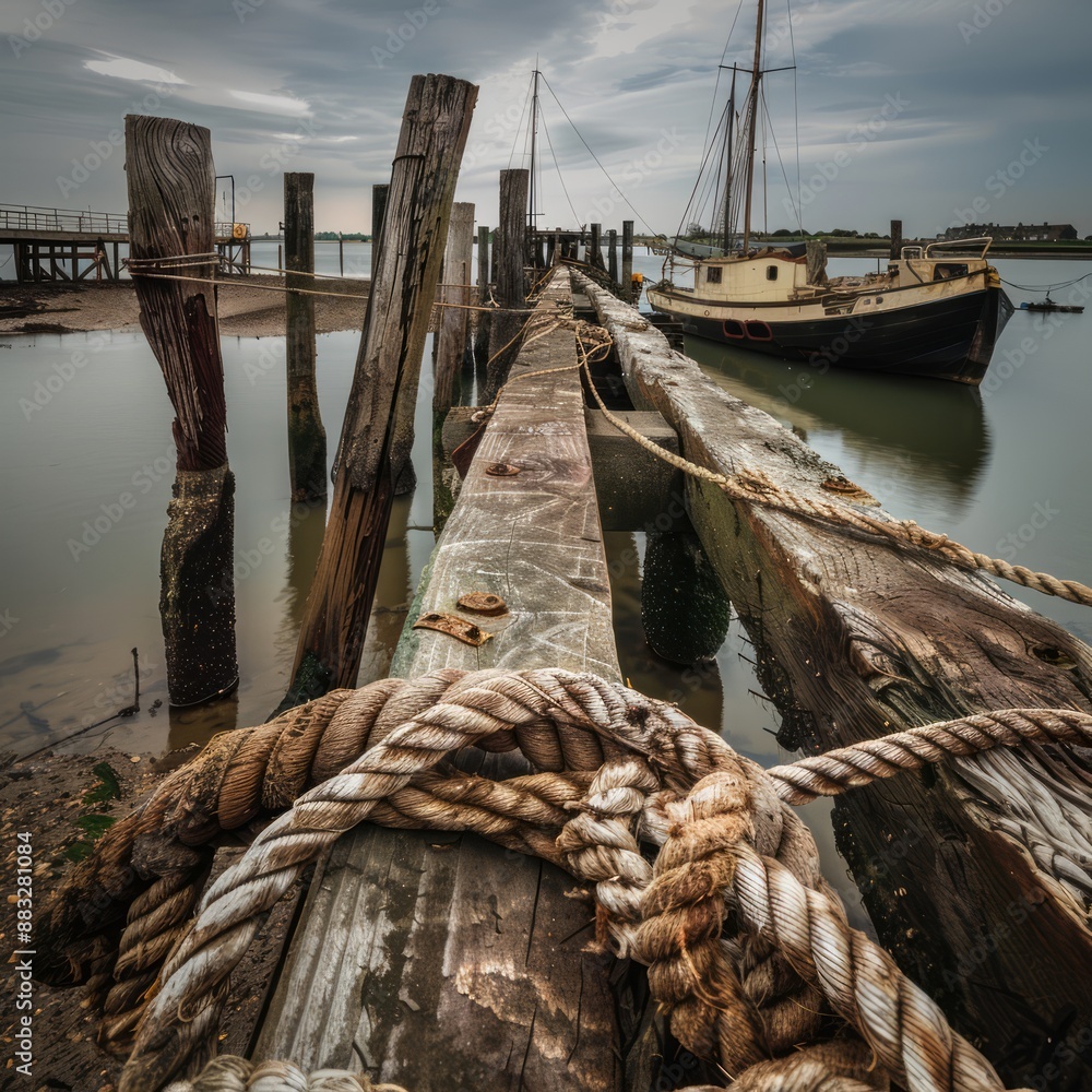 Obraz premium A boat is tied to a dock with a rope