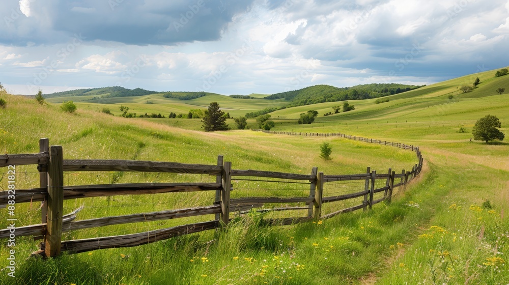 A serene countryside scene with a rustic wooden fence winding through rolling hills A serene countryside scene with a rustic wooden fence winding through rolling hills