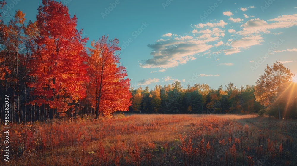 Colorful autumn landscape with trees displaying vibrant red, orange, and yellow foliage