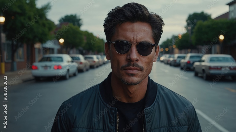 A serious-looking man wearing sunglasses and a jacket, standing confidently on a city street lined with parked cars.
A serious-looking man wearing sunglasses and a jacket, standing confidently on a city street lined with parked cars.
