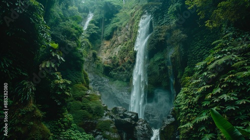 Landscape of majestic waterfall cascading down a rocky cliff