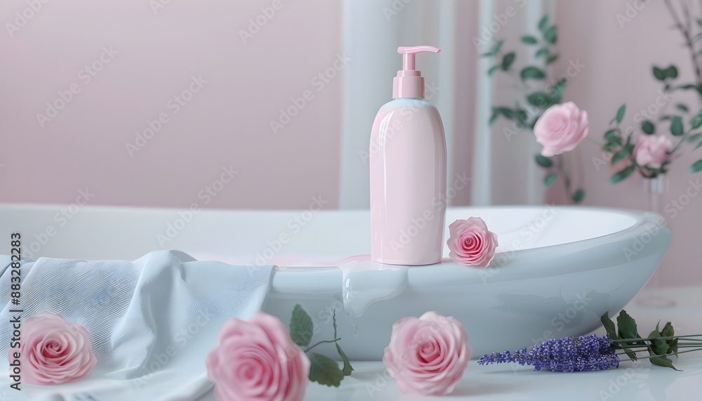 product photograph of liquid soap bottle/ shampoo or shower gel bottle with dispenser. beauty products . pink and white shampoo bottle in bath tub ,roses and lavender. no label. copy space for text. product photograph of liquid soap bottle/ shampoo or shower gel bottle with dispenser. beauty products . pink and white shampoo bottle in bath tub ,roses and lavender. no label. copy space for text.