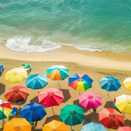 A beach scene with many colorful umbrellas on the sand