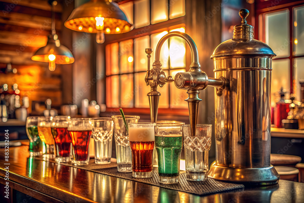 A bar with a variety of drinks on a counter. The drinks include beer, green tea, and other beverages A bar with a variety of drinks on a counter. The drinks include beer, green tea, and other beverages