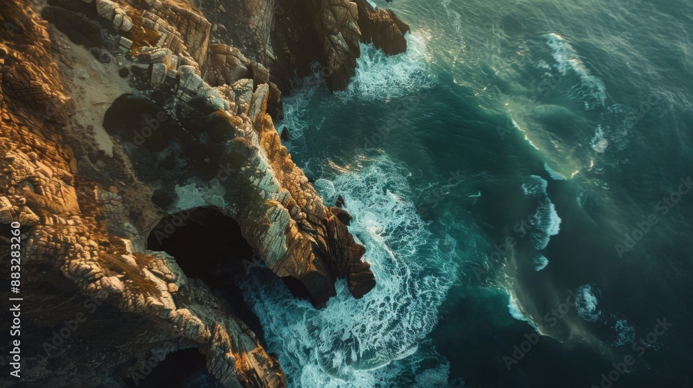 Obraz premium Dramatic coastal cliffs with waves crashing on the side aerial drone photography style, with copy space