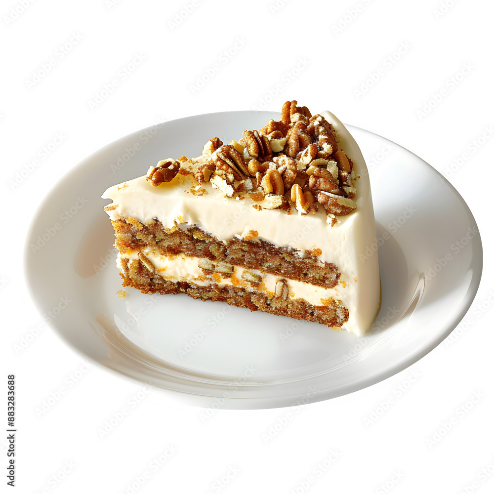 Swiss carrot cake with pecans displayed beautifully on a clear plate Swiss carrot cake with pecans displayed beautifully on a clear plate