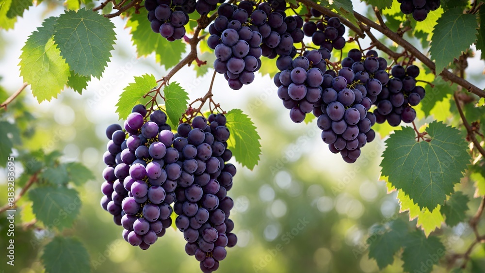 A bunch of ripe grapes on the vine in a vineyard A bunch of ripe grapes on the vine in a vineyard
