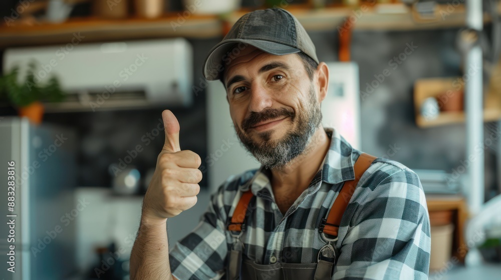 Male electrician gives a thumbs up Air conditioning repair technician Male electrician gives a thumbs up Air conditioning repair technician