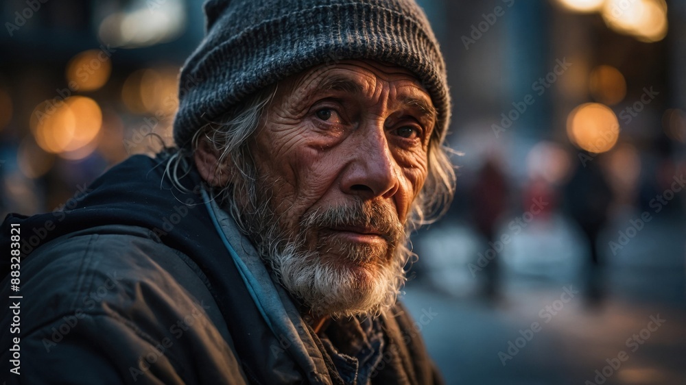 Close-up of an elderly man with a beanie and jacket, set against an urban evening backdrop with soft, blurred lights.
Close-up of an elderly man with a beanie and jacket, set against an urban evening backdrop with soft, blurred lights.