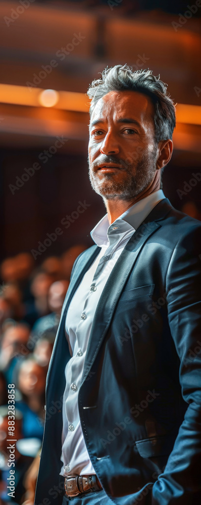 Confident Businessman in Suit Speaking at Conference with Audience in Background Confident Businessman in Suit Speaking at Conference with Audience in Background
