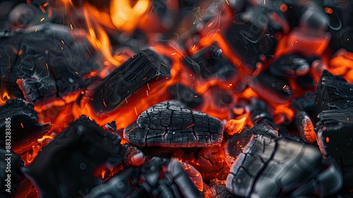 smoldering coal in a fire. Travel and camping adventure lifestyle. Burn charcoal for cooking. Cooking at camp