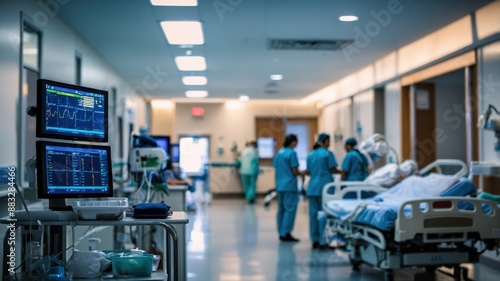 A busy hospital ward with medical staff attending to patients, advanced medical equipment, and monitors displaying vital signs, highlighting healthcare in action.

